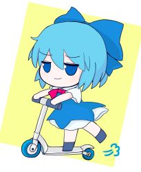 Rule 34 | 1girl, puff of air, blue bow, blue dress, blue eyes, blue hair, bow, character doll, cirno, collared shirt, dress, fumo (doll), hair bow, highres, ice, ice wings, long dress, motor vehicle, neck ribbon, pinafore dress, puffy short sleeves, puffy sleeves, red ribbon, rei (tonbo0430), ribbon, riding, scooter, shirt, short hair, short sleeves, simple background, sleeveless, sleeveless dress, solo, touhou, white background, white shirt, wings