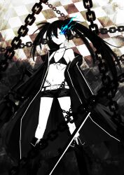 Rule 34 | 1girl, absurdres, belt, bikini, bikini top only, black bikini, black footwear, black hair, black jacket, black rock shooter, black rock shooter (character), black shorts, blue eyes, boots, chain, checkered background, choker, colored skin, de4d fish, feet out of frame, flaming eye, flat chest, front-tie bikini top, front-tie top, highres, holding, holding sword, holding weapon, jacket, long hair, long sleeves, navel, open clothes, open jacket, scar, scar on stomach, short shorts, shorts, single bare shoulder, single off shoulder, solo, standing, stomach, swimsuit, sword, twintails, very long hair, weapon, white belt, white skin