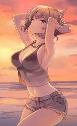 Rule 34 | 1girl, armpits, arms up, breasts, brown hair, casual, chain, chain necklace, cleavage, crop top, denim, denim shorts, green eyes, jewelry, kantai collection, kasumi (skchkko), medium breasts, midriff, mutsu (kancolle), navel, necklace, one eye closed, parted lips, short hair, short shorts, shorts, sideboob, smile, solo, sunset, tank top, thighs