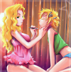 Rule 34 | 1boy, 1girl, applying makeup, arm support, artist request, bebe stevens, blonde hair, blue panties, breasts, butters stotch, character request, check character, cowboy shot, crop top, crossdressing, dress, closed eyes, from side, green eyes, green shirt, hair ornament, hairclip, kneeling, leaning forward, lingerie, lipstick, long hair, looking at another, makeup, marjorine, midriff, open mouth, panties, pink dress, shirt, sleeveless, south park, tagme, tank top, teeth, trap, underwear