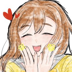 Rule 34 | 1girl, artist name, artist request, blush, bow, bowtie, breasts, brown hair, buttons, cardigan, close-up, closed eyes, collarbone, eyebrows, female focus, grey sailor collar, hair between eyes, heart, kunikida hanamaru, light brown hair, long hair, long sleeves, looking at viewer, love live!, love live! sunshine!!, nail, nail polish, orange bow, parted lips, pink nails, sailor collar, school uniform, skirt, sleeves past wrists, smile, solo, sweater, upper body, uranohoshi school uniform, vest, white background, yellow cardigan, yellow sweater