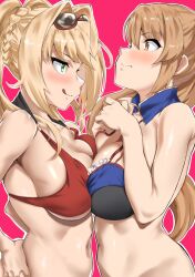 Rule 34 | 2girls, :p, alternate eye color, beatrix (granblue fantasy), beatrix (summer) (granblue fantasy), bikini, blonde hair, blue bikini, blush, breast press, breasts, brown eyes, brown hair, commentary request, detached collar, eye contact, eyewear on head, face-to-face, from side, granblue fantasy, green eyes, hair intakes, hand up, hands on own hips, highres, large breasts, licking lips, looking at another, multiple girls, navel, outline, ponytail, ramanda, red background, red bikini, sunglasses, swimsuit, symmetrical docking, tongue, tongue out, upper body, white outline, yuri, zeta (granblue fantasy), zeta (summer) (granblue fantasy)