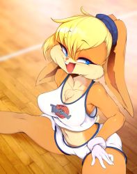 1girl, absurdres, animal ears, animal nose, blonde hair, blue eyes, body fur, breasts, bunny ears, bunny tail, clothes writing, collarbone, eyebrows visible through hair, fur, furry, gloves, highres, lola bunny, looney tunes, medium breasts, midriff, navel, open mouth, shorts, sitting, slugbox, smile, snout, solo, space jam, sportswear, tail, thighs, white gloves, white shorts