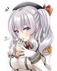 Rule 34 | 1girl, artist name, blue eyes, breasts, bubble tea, commentary request, cup, dated, disposable cup, drinking, drinking straw, drinking straw in mouth, epaulettes, gloves, hair between eyes, highres, jacket, kantai collection, kashima (kancolle), large breasts, long sleeves, looking at viewer, military jacket, neckerchief, notice lines, red neckerchief, sidelocks, signature, silver hair, simple background, solo, tk8d32, twintails, upper body, wavy hair, white background, white gloves, white jacket