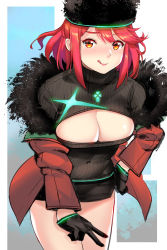 Rule 34 | 1girl, black gloves, breasts, cleavage cutout, clothing cutout, dress, fur-trimmed jacket, fur trim, gloves, hat, highres, jacket, large breasts, neon trim, pyra (xenoblade), red eyes, red hair, robot cat (robotcatart), short dress, short hair, swept bangs, xenoblade chronicles (series), xenoblade chronicles 2