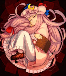 Rule 34 | 1girl, book, crescent, crescent hair ornament, daitai konna kanji, frills, hair ornament, half-closed eyes, hat, long hair, lying, mob cap, on side, patchouli knowledge, purple eyes, purple hair, solo, touhou, very long hair