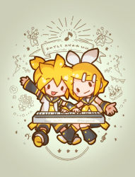 Rule 34 | 1boy, 1girl, :3, anniversary, antennae, arm up, arm warmers, bass clef, birthday cake, black collar, black shorts, black sleeves, blonde hair, bouquet, bow, cake, chibi, collar, commentary, confetti, eighth note, emphasis lines, flower, food, hair bow, hair ornament, hairclip, instrument, kagamine len, kagamine rin, keyboard (instrument), leg warmers, looking at viewer, music, musical note, neckerchief, necktie, open mouth, outstretched arm, party popper, playing instrument, pylori kin no uta (vocaloid), sailor collar, sanpati, school uniform, shirt, short hair, short ponytail, short shorts, short sleeves, shorts, sleeveless, sleeveless shirt, smile, solid oval eyes, spiked hair, string of flags, swept bangs, treble clef, vocaloid, white bow, white shirt, yellow neckerchief