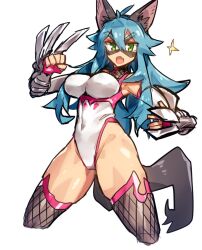 Rule 34 | 1girl, alternate eye color, animal ear fluff, animal ears, blue hair, breasts, cat ears, cat girl, cat tail, claws, commentary request, covered navel, curvy, eye mask, fang, fighting stance, fingerless gloves, fishnet thighhighs, fishnet top, fishnets, full body, gauntlets, gloves, goinkyo, green eyes, hair between eyes, highleg, highleg leotard, highres, jumping, large breasts, leotard, long bangs, long hair, looking at viewer, melon22, open mouth, pink gloves, shiny skin, simple background, skin fang, smile, solo, sparkle, tail, taimanin (series), taimanin suit, thighhighs, v-shaped eyebrows, white background, white leotard, wide hips