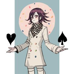 Rule 34 | 10s, 1boy, bad id, bad pixiv id, blue background, buttons, checkered clothes, checkered scarf, circle, danganronpa (series), danganronpa v3: killing harmony, haun, heart, looking at viewer, male focus, oma kokichi, outside border, outstretched arms, parted lips, purple eyes, purple hair, scarf, short hair, simple background, smile, solo, spade (shape), straitjacket
