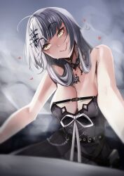 Rule 34 | 1girl, absurdres, belt, black dress, black hair, breasts, cleavage, dress, from below, grey hair, hair ornament, heart, highres, hololive, hololive english, large breasts, looking at viewer, medium hair, multicolored hair, pupi (rain prophet), shiori novella, shiori novella (1st costume), sleeveless, sleeveless dress, smile, solo, sweat, two-tone hair, virtual youtuber, yellow eyes