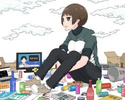 Rule 34 | 1girl, book, boombox, bottle, box, brown eyes, brown hair, can, cloud, commentary request, computer, english text, jacket, laptop, newspaper, original, shoes, short hair, sitting, sneakers, solo, television, track jacket, translated, yajirushi (chanoma)