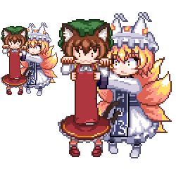 Rule 34 | 2girls, animal ears, animal hat, blonde hair, blush, brown hair, cat ears, cat tail, chen, commentary, fox ears, fox tail, full body, hat, holding person, longcat (meme), lowres, meme, mob cap, multiple girls, multiple tails, mob cap, pixel art, short hair, smile, tabard, tail, touhou, transparent background, two tails, unk kyouso, yakumo ran