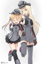 Rule 34 | 2girls, ^ ^, ahenn, bismarck (kancolle), blonde hair, blue eyes, closed eyes, hair between eyes, hat, kantai collection, long hair, low twintails, multiple girls, open mouth, peaked cap, prinz eugen (kancolle), smile, thighhighs, twintails