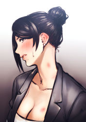 Rule 34 | 1girl, bijin onna joushi takizawa-san, black hair, blush, breasts, brown eyes, business suit, cleavage, collarbone, commentary request, earrings, formal, hair bun, hickey, jewelry, large breasts, looking at viewer, mature female, mole, mole under mouth, office lady, parted lips, single hair bun, solo, suit, sweat, sweatdrop, swept bangs, takizawa kyouko, tkhs, undershirt
