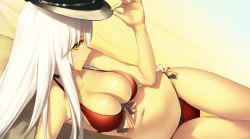 Rule 34 | 1girl, arm support, armpits, bare shoulders, bikini, black hair, blush, bow, breasts, brown bow, cleavage, closed mouth, dutch angle, from side, front-tie bikini top, front-tie top, hat, highres, holding, holding clothes, holding hat, kawanakajima, large breasts, long hair, lying, navel, on side, profile, red bikini, rick g earth, side-tie bikini bottom, smile, solo, stomach, swimsuit, thigh gap, thighs, very long hair, white hair, yellow eyes, yellow theme