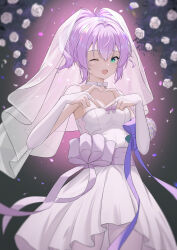 Rule 34 | 1girl, ;d, absurdres, antenna hair, azur lane, bare shoulders, bouquet, bow choker, bridal veil, choker, collarbone, commentary request, dress, elbow gloves, fingerless gloves, flower, futaba nori, gloves, green eyes, hair between eyes, heart, heart hands, highres, holding, holding bouquet, javelin (azur lane), javelin (blissful purity) (azur lane), long hair, looking at viewer, official alternate costume, one eye closed, open mouth, pantyhose, ponytail, purple hair, ribbon choker, sidelocks, simple background, sleeveless, smile, solo, strapless, strapless dress, veil, wedding dress, white dress, white gloves, white pantyhose