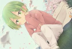 Rule 34 | 1boy, blush, cherry blossoms, cloud, day, dutch angle, grass, green eyes, green hair, looking at viewer, male focus, original, outdoors, pants, petals, pink sweater, pocchipocchi, sitting, sleeves past wrists, solo, sweater, tree, white pants