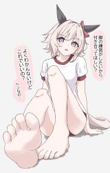 1girl animal_ears barefoot blue_eyes blush curren_chan_(umamusume) feet gym_uniform highres horse_ears horse_girl horse_tail looking_at_viewer medium_hair open_mouth soles tail toes tofu_thunder translated umamusume white_hair