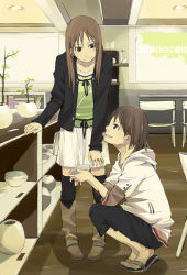 Rule 34 | 2girls, blouse, book, boots, bowl, brown eyes, brown hair, capri pants, chair, cowboy boots, dress, female focus, green shirt, hood, hoodie, indoors, multiple girls, original, over-kneehighs, pants, pigeon-toed, plant, pot, potted plant, pottery, sandals, shelf, shirt, skirt, smile, squatting, standing, thighhighs, window, yoshito