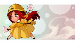 Rule 34 | 1girl, :&lt;, bag, blush stickers, candy, child, duto, food, green eyes, hat, katarina (league of legends), kindergarten bag, kindergarten uniform, league of legends, lollipop, long hair, red hair, scar, school hat, solo, aged down