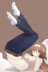 Rule 34 | 1girl, ahoge, alternate costume, breasts, brown background, brown hair, denim, double bun, full body, hairband, hands on own chest, heart, highres, jeans, kantai collection, kongou (kancolle), large breasts, leg lift, long hair, looking at viewer, lying, nel-c, no shoes, on back, pants, pink sweater, purple eyes, ribbed sweater, simple background, smile, solo, sweater, white hairband, white legwear