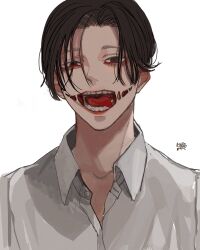Rule 34 | 1boy, brown eyes, brown hair, collared shirt, glasgow smile, highres, kagoya1219, looking at viewer, male focus, open mouth, original, portrait, shirt, short hair, signature, simple background, solo, teeth, tongue, white background, white shirt