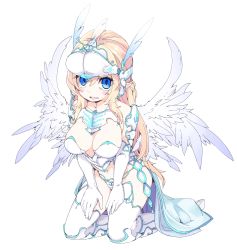 Rule 34 | 1girl, armor, bikini armor, blonde hair, blue eyes, blush, cape, elbow gloves, feathered wings, frfr, full body, gloves, highres, long hair, looking at viewer, navel, open mouth, original, pointy ears, simple background, solo, thighhighs, white background, white gloves, white thighhighs, white wings, wings