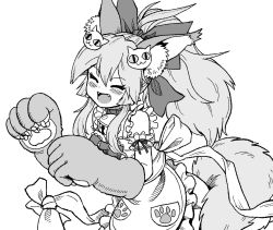 Rule 34 | 1girl, :3, animal ear fluff, animal ears, animal hands, apron, bell, blush, bow, breasts, cat hair ornament, claws, closed eyes, collar, commentary request, fangs, fate/grand order, fate (series), fox ears, fox girl, fox tail, greyscale, hair bow, hair ornament, hair ribbon, kusama takato, long hair, monochrome, naked apron, neck bell, open mouth, paw print, ponytail, ribbon, sidelocks, smile, solo, tail, tamamo (fate), tamamo cat (fate), tamamo cat (third ascension) (fate), upper body