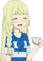 Rule 34 | 1girl, ash ketchum (cosplay), cosplay, creatures (company), cup, game freak, lillie (pokemon), mug, nintendo, pokemon, pokemon (anime), pokemon sm, pokemon sm (anime), shirt, solo, striped clothes, striped shirt, tagme