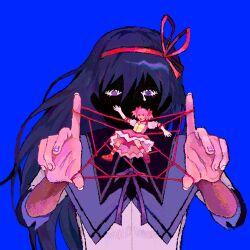 Rule 34 | 2girls, :o, akemi homura, blue background, capelet, cat&#039;s cradle, commentary, cross-shaped pupils, dress, english commentary, entangled, eyes in shadow, hairband, hands up, highres, index finger raised, jaggy lines, kaname madoka, long hair, magical girl, mahou shoujo madoka magica, mahou shoujo madoka magica (anime), mini person, minigirl, multiple girls, neck ribbon, no mouth, open mouth, pink dress, pink hair, purple capelet, purple eyes, purple hair, red footwear, red hairband, red ribbon, ribbon, shantywolf, shoes, short hair, simple background, size difference, string, symbol-shaped pupils, tearing up, upper body, wide-eyed