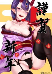 Rule 34 | 1girl, alcohol, bare shoulders, black panties, black thighhighs, blush, bob cut, breasts, choker, collarbone, cup, earrings, eyeliner, fangs, fate/grand order, fate (series), floral print, garter straps, headpiece, highres, horns, japanese clothes, jewelry, kimono, knee up, looking at viewer, makeup, obi, off shoulder, oni, panties, purple eyes, purple hair, purple kimono, sakazuki, sake, sash, short eyebrows, short hair, short kimono, shuten douji (fate), skin-covered horns, small breasts, smile, solo, thighhighs, thighs, underwear, wantsupanchi!!, wide sleeves