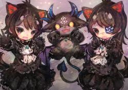Rule 34 | 2girls, :d, absurdres, alternate costume, animal ears, arm up, ascot, australian devil (kemono friends), black eyes, black sclera, blouse, blush, brown hair, chibi, claw pose, colored inner hair, colored sclera, crossover, debidebi debiru, demon, demon horns, demon tail, demon wings, extra ears, eyepatch, fang, floating, gloves, grey hair, hand up, hands up, height difference, highres, horns, jewelry, kemono friends, kemono friends 3, long hair, looking at viewer, maki gamin, multicolored hair, multiple girls, nijisanji, no pupils, one eye covered, open mouth, outstretched arm, parted bangs, pendant, shirt, short hair, sidelocks, skirt, smile, tail, tasmanian devil (kemono friends), tasmanian devil ears, tasmanian devil tail, two-tone hair, virtual youtuber, wings, yellow eyes