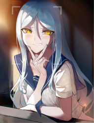 Rule 34 | 1girl, abyssal ship, grey hair, hair between eyes, hand up, kantai collection, leaning on object, long hair, looking at viewer, neckerchief, open mouth, reticule, sailor collar, sailor shirt, shiny skin, shirt, short sleeves, slit pupils, smile, solo, ta-class battleship, upper body, v, walzrj, yellow eyes