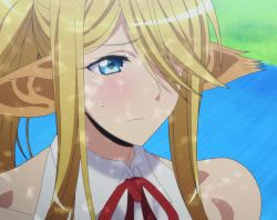 Rule 34 | 10s, 1girl, blonde hair, blue eyes, centorea shianus, hair over one eye, highres, long hair, monster girl, monster musume no iru nichijou, sad, solo, standing, stitched, third-party edit