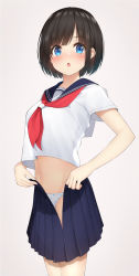 Rule 34 | 1girl, :o, black hair, blue eyes, blue sailor collar, blue skirt, blush, breasts, commentary request, crop top, crop top overhang, grey background, groin, highres, holding, looking at viewer, medium breasts, midriff, mottsun (i 40y), navel, neckerchief, open mouth, original, panties, pleated skirt, polka dot, polka dot panties, sailor collar, school uniform, serafuku, shirt, short hair, short sleeves, sidelocks, simple background, sketch, skirt, solo, standing, tareme, underwear, white panties, white shirt