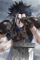 Rule 34 | 1boy, absurdres, armor, black hair, blood, blood on arm, blood on face, blue eyes, blue shirt, buster sword, cloud, cloudy sky, crisis core final fantasy vii, ebinoil, final fantasy, final fantasy vii, gloves, grin, hair slicked back, highres, holding, holding sword, holding weapon, injury, male focus, medium hair, rain, shirt, shoulder armor, sky, sleeveless, sleeveless turtleneck, smile, solo, suspenders, sword, teeth, torn clothes, turtleneck, upper body, weapon, zack fair