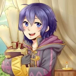 Rule 34 | 1girl, blue eyes, blue hair, blush, candle, fire emblem, gloves, looking at viewer, morgan (female) (fire emblem), morgan (fire emblem), nintendo