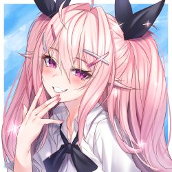 Rule 34 | 1girl, absurdres, black neckwear, blue background, blush, clenched teeth, eyoshi rin, fang, hair between eyes, hair ornament, highres, jingo, long hair, looking at viewer, original, pink eyes, pink hair, shirt, smile, solo, teeth, twintails, upper body, virtual youtuber, vrchat, white shirt, x hair ornament