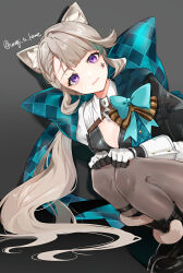 Rule 34 | 1girl, absurdres, animal ear fluff, animal ears, aqua bow, aqua hair, artist name, black capelet, black footwear, black gloves, black leotard, blunt bangs, boots, bow, bowtie, braid, braided bangs, brown bow, capelet, cat ears, cat girl, cat tail, closed mouth, commentary request, eyelashes, facial mark, frilled leotard, frills, genshin impact, gloves, grey background, grey hair, grey pantyhose, highres, huge bow, leotard, long hair, long sleeves, looking at viewer, low ponytail, lynette (genshin impact), multicolored hair, pantyhose, parted bangs, ponytail, purple eyes, shrug (clothing), sidelocks, simple background, single braid, sleeve cuffs, solo, squatting, star (symbol), star facial mark, tail, tail around own leg, twitter username, two-tone gloves, unagi to kame, very long hair, white gloves, wing collar