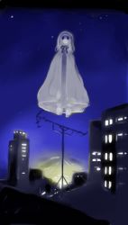 Rule 34 | 1girl, cape, city, cityscape, floating, ghost, idon, monster girl, no mouth, original, outdoors, solo, white hair