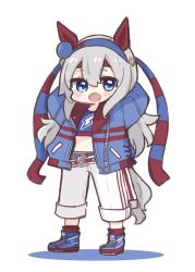 Rule 34 | 1girl, animal ears, arms behind head, arms up, blue eyes, blue footwear, blue hairband, blue jacket, blush, chibi, colored shadow, commentary request, fang, full body, grey hair, hair between eyes, hairband, headband, highres, horse ears, horse girl, horse tail, jacket, long hair, long sleeves, looking at viewer, nozo (hitomiz), open clothes, open jacket, open mouth, pants, red headband, shadow, shoes, solo, standing, tail, tamamo cross (umamusume), umamusume, very long hair, white background, white pants
