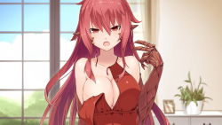 Rule 34 | 1girl, artist request, bare shoulders, breasts, cleavage, dress, game cg, hair between eyes, indoors, large breasts, long hair, looking at viewer, monster girl, monster musume no iru nichijou, monster musume no iru nichijou online, official art, open mouth, pointy ears, red dress, red eyes, red hair, reptile girl, sala (monster musume), scales, slit pupils, solo, strapless, strapless dress, wardrobe malfunction