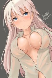 Rule 34 | 1girl, artist name, bad id, bad twitter id, blonde hair, blue eyes, breasts, breasts apart, closed mouth, dress shirt, dutch angle, hanna-justina marseille, haruhata mutsuki, large breasts, long hair, looking at viewer, lowres, naked shirt, no bra, open clothes, open shirt, shirt, signature, solo, standing, strike witches, twitter username, upper body, wet, wet clothes, white shirt, witches of africa, world witches series