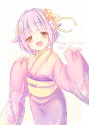 1girl 2017 blush brown_eyes emu_(trigger) hair_ornament hairclip happy_new_year highres idolmaster idolmaster_cinderella_girls japanese_clothes kanzashi kimono koshimizu_sachiko looking_at_viewer new_year obi open_mouth purple_hair purple_kimono sash short_hair smile solo wide_sleeves