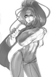 Rule 34 | 00s, 1girl, abs, bouncing breasts, breasts, crop top, dungeon and fighter, eu03, fighter (dungeon and fighter), fighting stance, gloves, greyscale, high ponytail, huge breasts, long hair, midriff, monochrome, navel, one eye closed, sketch, solo, sweat, taut clothes, toned, torn clothes, very long hair