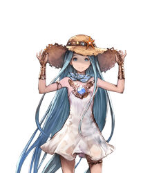 Rule 34 | 10s, 1girl, armlet, blue eyes, blue hair, bridal gauntlets, dress, granblue fantasy, hands on headwear, hat, jewelry, long hair, looking at viewer, lyria (granblue fantasy), matching hair/eyes, minaba hideo, neckerchief, sleeveless, sleeveless dress, smile, solo, strapless, strapless dress, straw hat, sundress, thigh strap, transparent background, white background, white dress