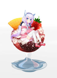 Rule 34 | 10s, 1girl, beads, blue eyes, capelet, dragon horns, food, from side, fruit, full body, glass, gradient background, hair beads, hair ornament, hairband, head tilt, highres, holding, holding food, holding fruit, horns, ice cream, kanna kamui, kobayashi-san chi no maidragon, light purple hair, long hair, long sleeves, looking at viewer, low twintails, mary janes, napkin, parted lips, pink footwear, plate, savi (byakushimc), shoes, sitting, solo, strawberry, thighhighs, twintails, very long hair, wafer, white background, white thighhighs