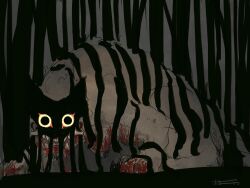 Rule 34 | animal focus, blood, blood on face, blood on hands, claws, dream tiger (govy9807), full body, grey background, highres, horror (theme), limited palette, looking at viewer, monster, neko juu, no humans, open mouth, original, sharp teeth, solo, teeth, tiger, tusks, yellow eyes