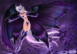 Rule 34 | 1girl, boots, breasts, bug, butterfly, butterfly wings, circlet, crossed legs, fangs, fantasy, female focus, glowing, gradient background, insect, insect wings, large breasts, open mouth, outstretched arms, pixiv fantasia, pixiv fantasia sword regalia, purple theme, silhouette, solo, spread arms, standing, thigh boots, thighhighs, tiara, watermark, white hair, wings, yagisaka seto, yellow eyes