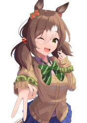 Rule 34 | 1girl, absurdres, alternate costume, animal ears, bow, breasts, brown hair, brown sweater, clover hair ornament, commentary request, fine motion (umamusume), finger heart, green eyes, gyaru v, hair between eyes, hair ornament, highres, horse ears, horse girl, horse tail, looking at viewer, low twintails, medium breasts, medium hair, multicolored hair, one eye closed, open mouth, ribbon, school uniform, short twintails, simple background, smile, solo, streaked hair, striped, striped bow, sweater, tail, twintails, umamusume, v, white background, white hair, yukke jan